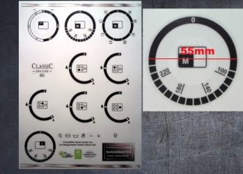 Rangemaster Classic deluxe 90 dual fuel compatible fascia sticker set, 55mm. (image for) Rangemaster Classic deluxe 90 dual fuel compatible fascia sticker set, 55mm.